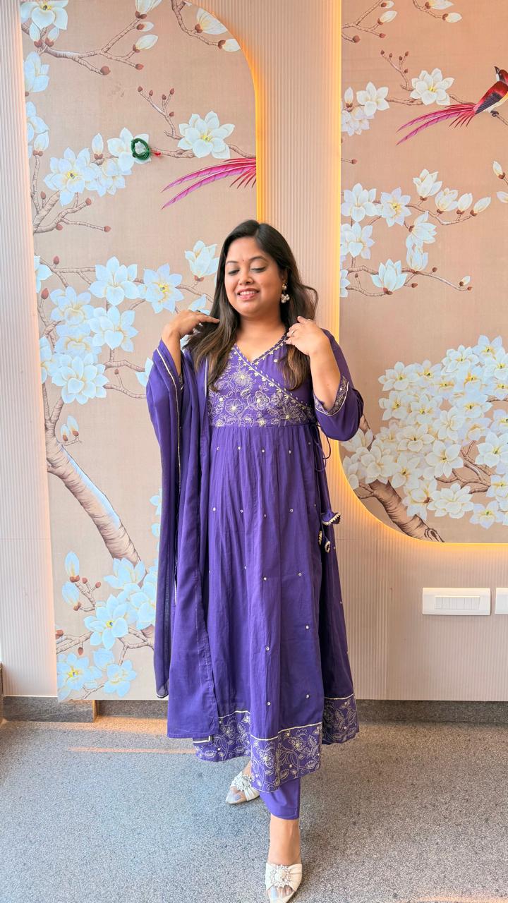 Purple pure Mul cotton zari detailing angrakha Anarkali suit set