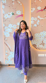 Purple pure Mul cotton zari detailing angrakha Anarkali suit set
