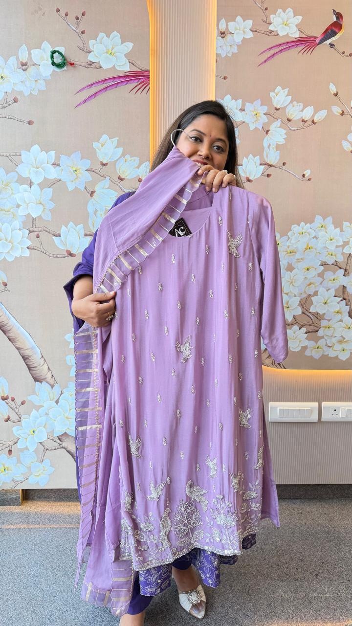 Pure chinon handwork party wear suit set in purple