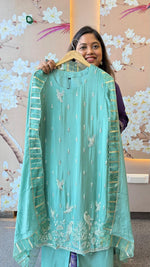 Pure chinon handwork party wear suit set in green