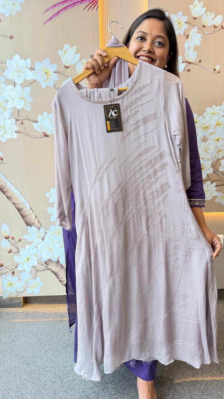 Premium chinon party wear hand work suit set in purple