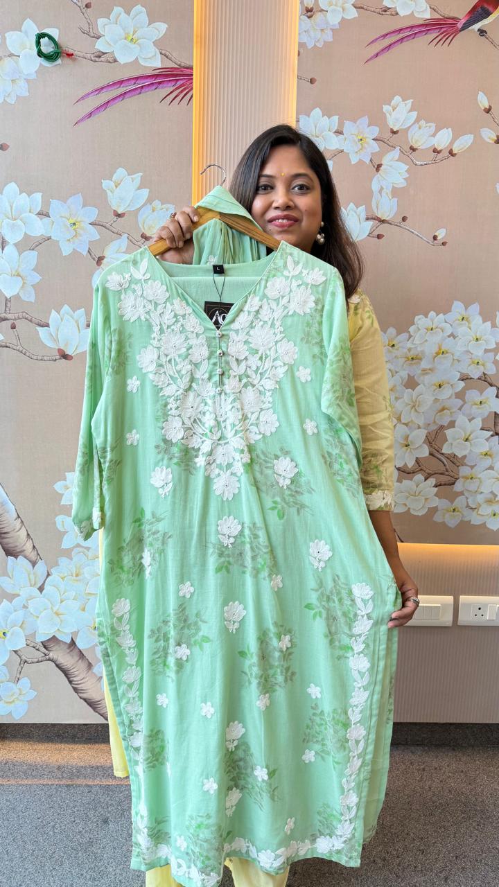 Restocked !! Pure Mul cotton chikankari full suit set in pista green !! Dispatch in 30 days (Comfort Fit)