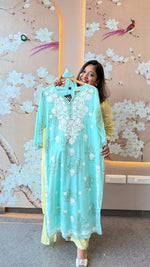 Restocked !! Pure Mul cotton chikankari full suit set in sea green !! Dispatch in 30 days (Comfort Fit)