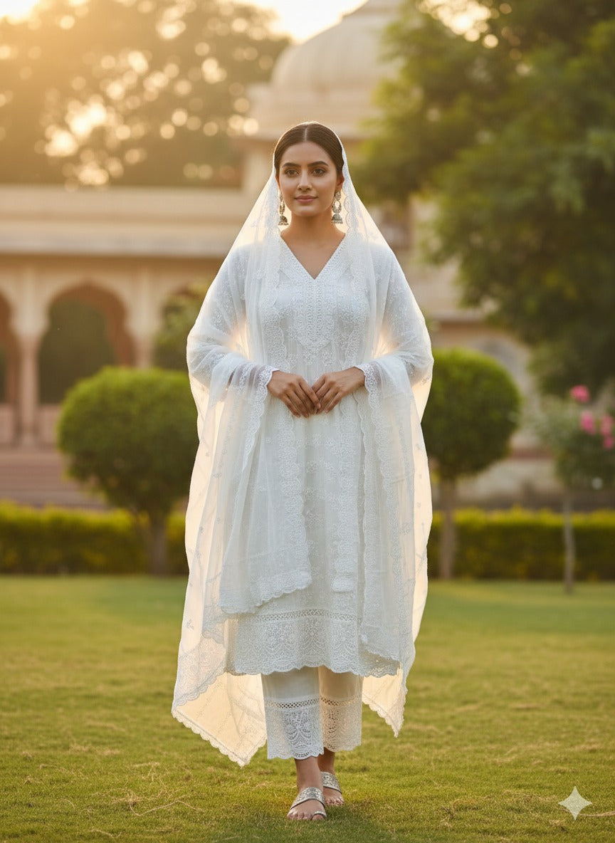 Premium cotton shifli suit set in white