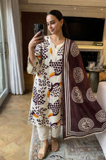 Flex cotton suit set in white n brown