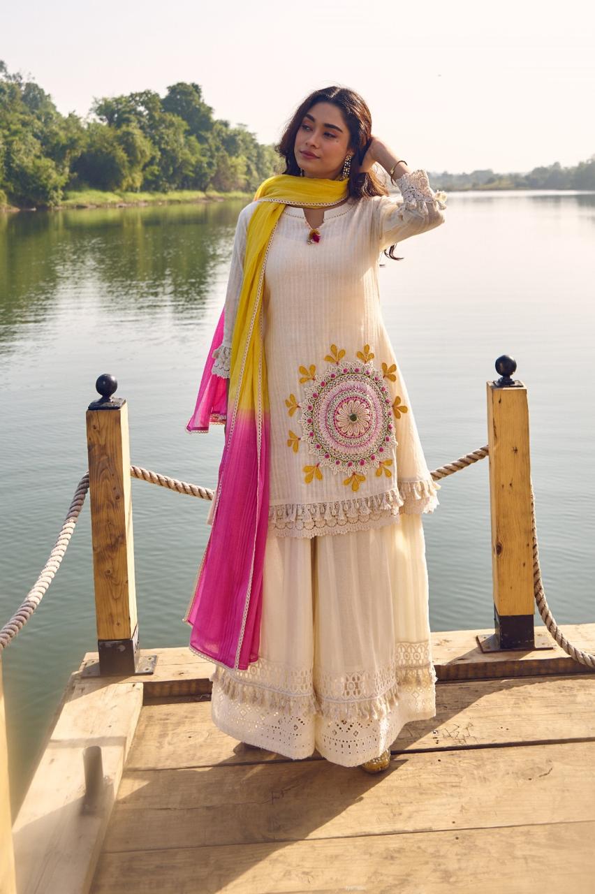 Premium textured cotton applique work suit set !!