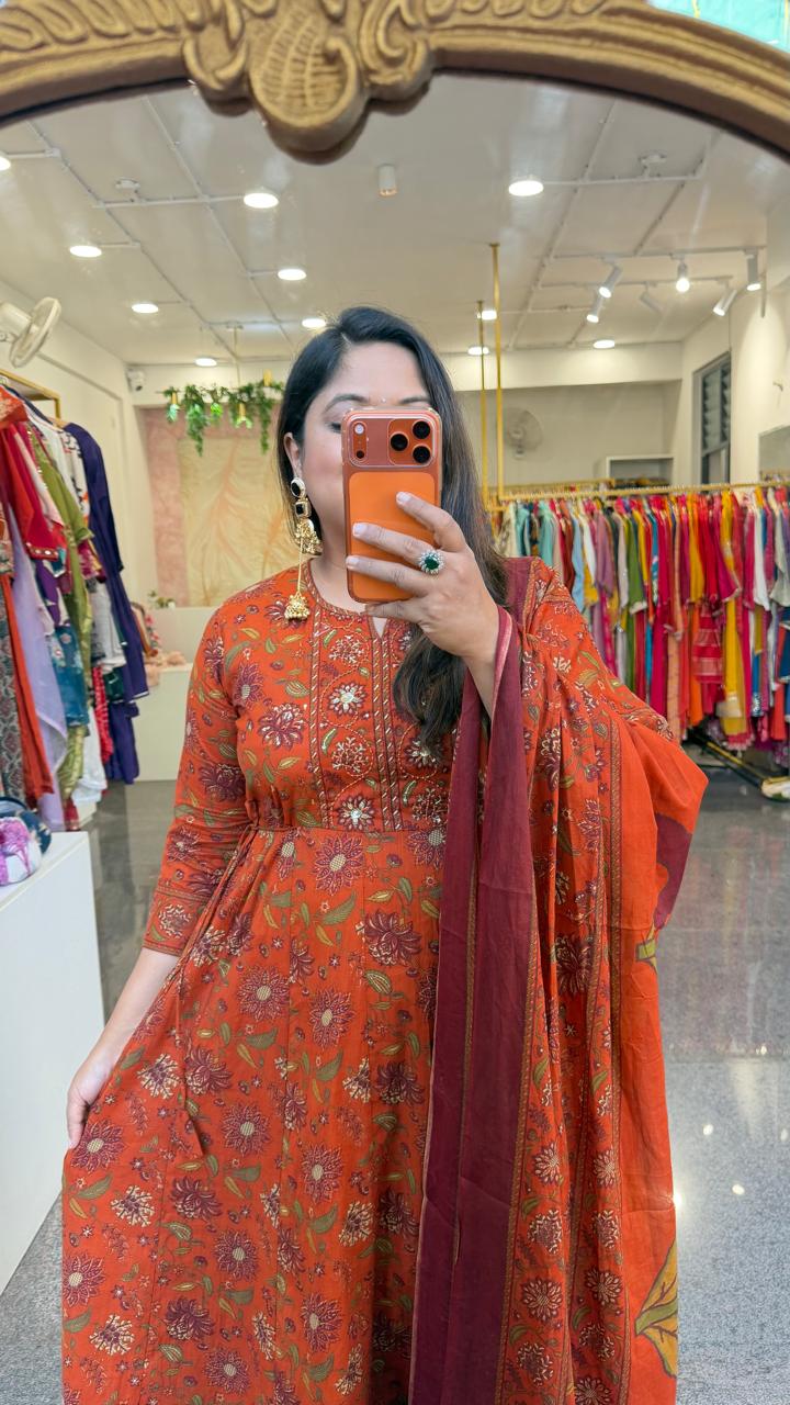 Pure cotton Kalamkari Anarkali suit set in Rust
