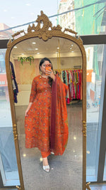 Pure cotton Kalamkari Anarkali suit set in Rust