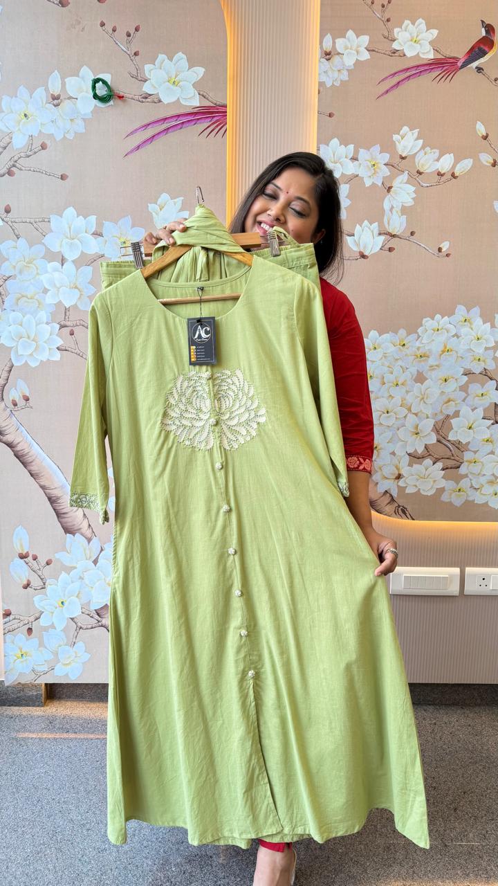 Mul cotton embroidered lining suit set set with pocket in mint green