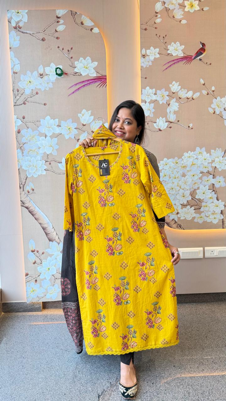 Yellow digital print cotton suit set