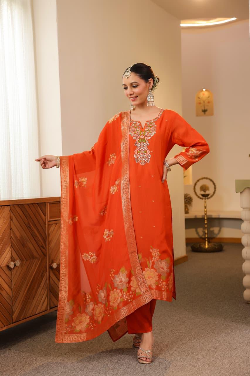 Pretty Russian silk hand work banarsai suit set in orange