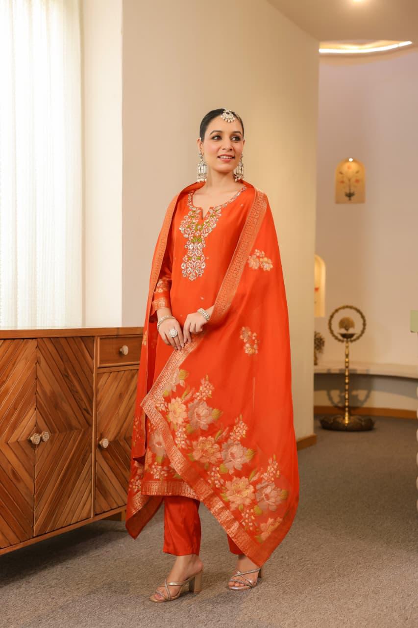 Pretty Russian silk hand work banarsai suit set in orange