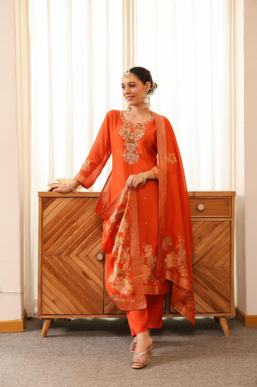 Pretty Russian silk hand work banarsai suit set in orange