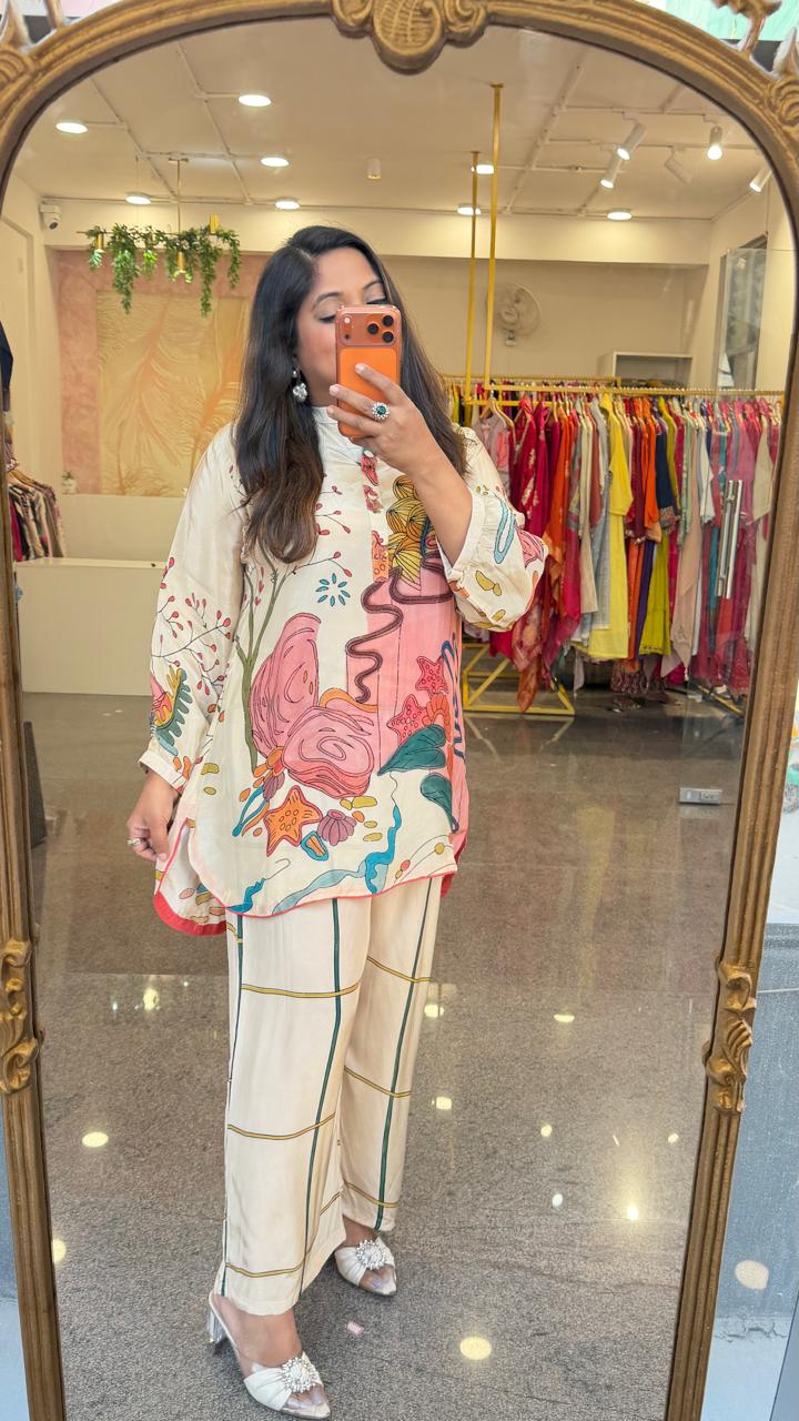 Pure crepe digital printed high low co ord set