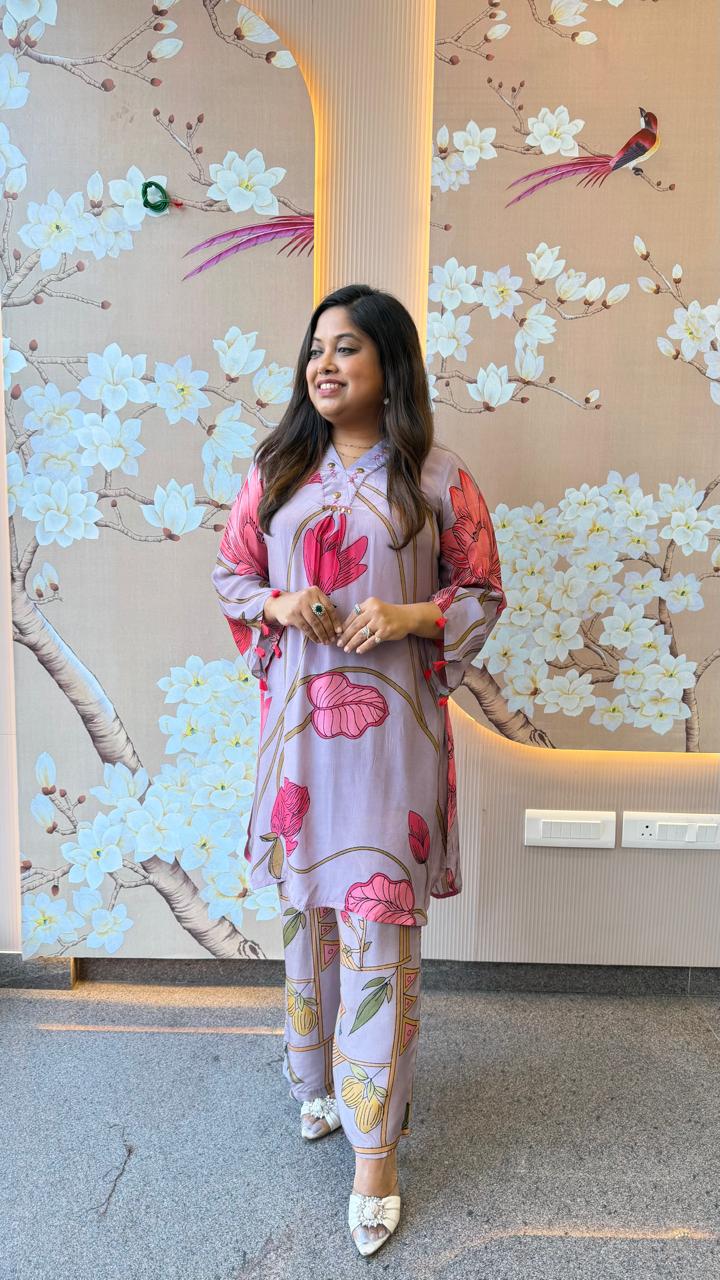 Pure crepe digital printed purple co ord set