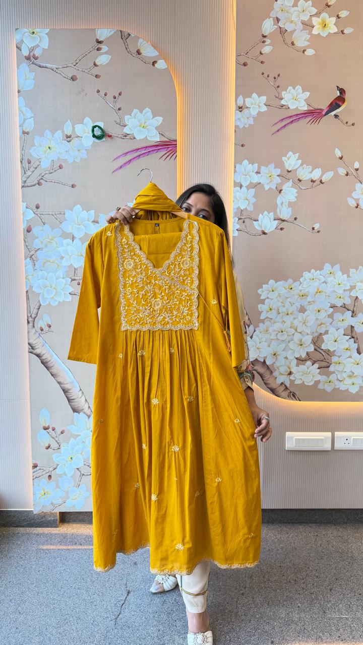 Premium cotton embroidered angrakha Anarkali in yellow