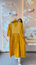 Premium cotton embroidered angrakha Anarkali in yellow