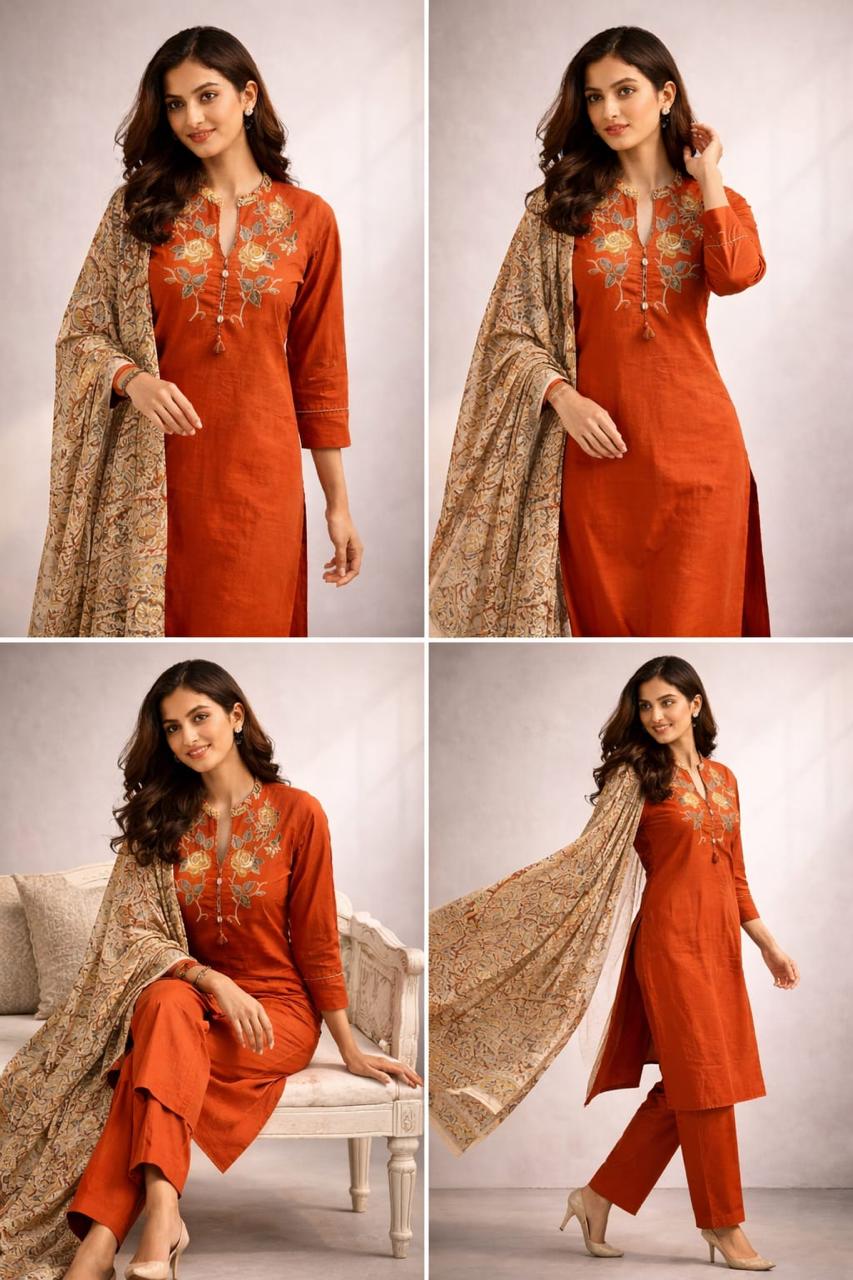 Premium cotton embroidered paired with kalamkari dupatta in rust