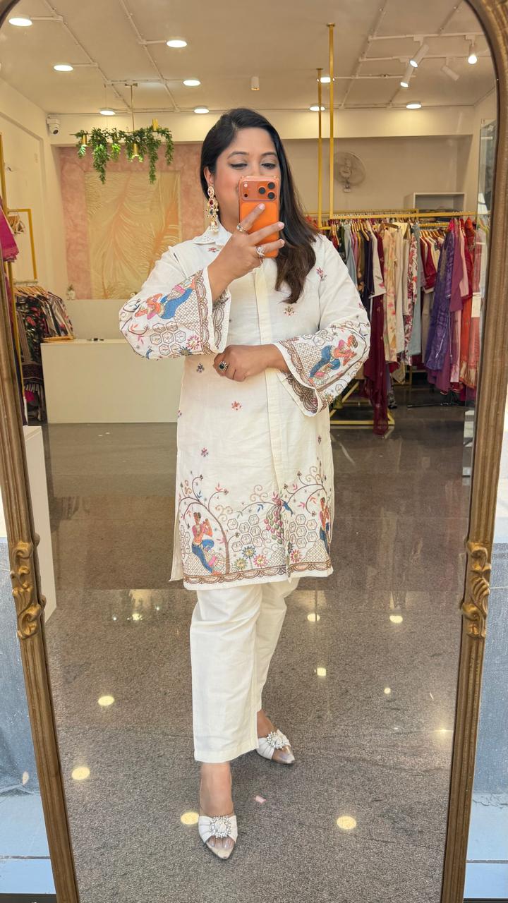 Super pretty cotton designer embellished Madhubani art co ord set