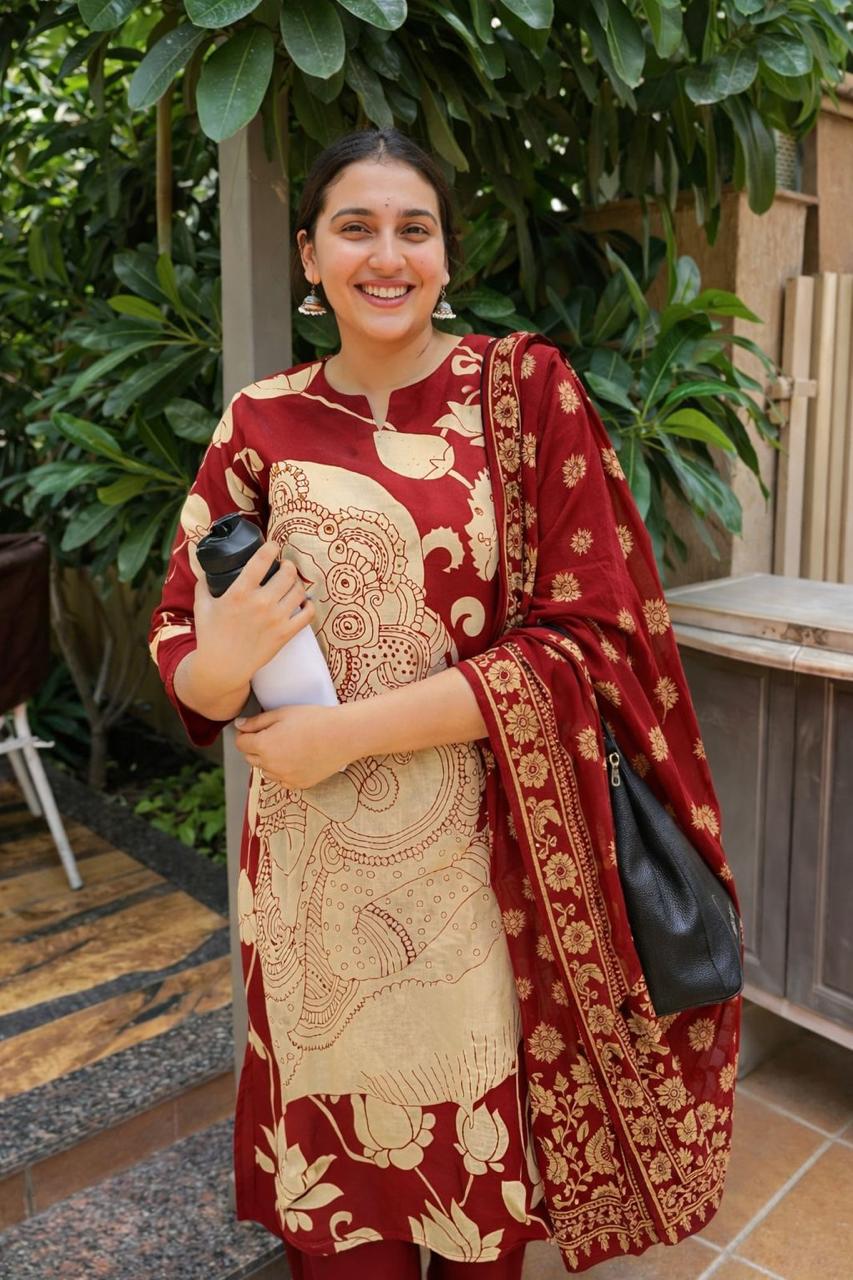 Premium pure cotton Kalamkari full suit in red