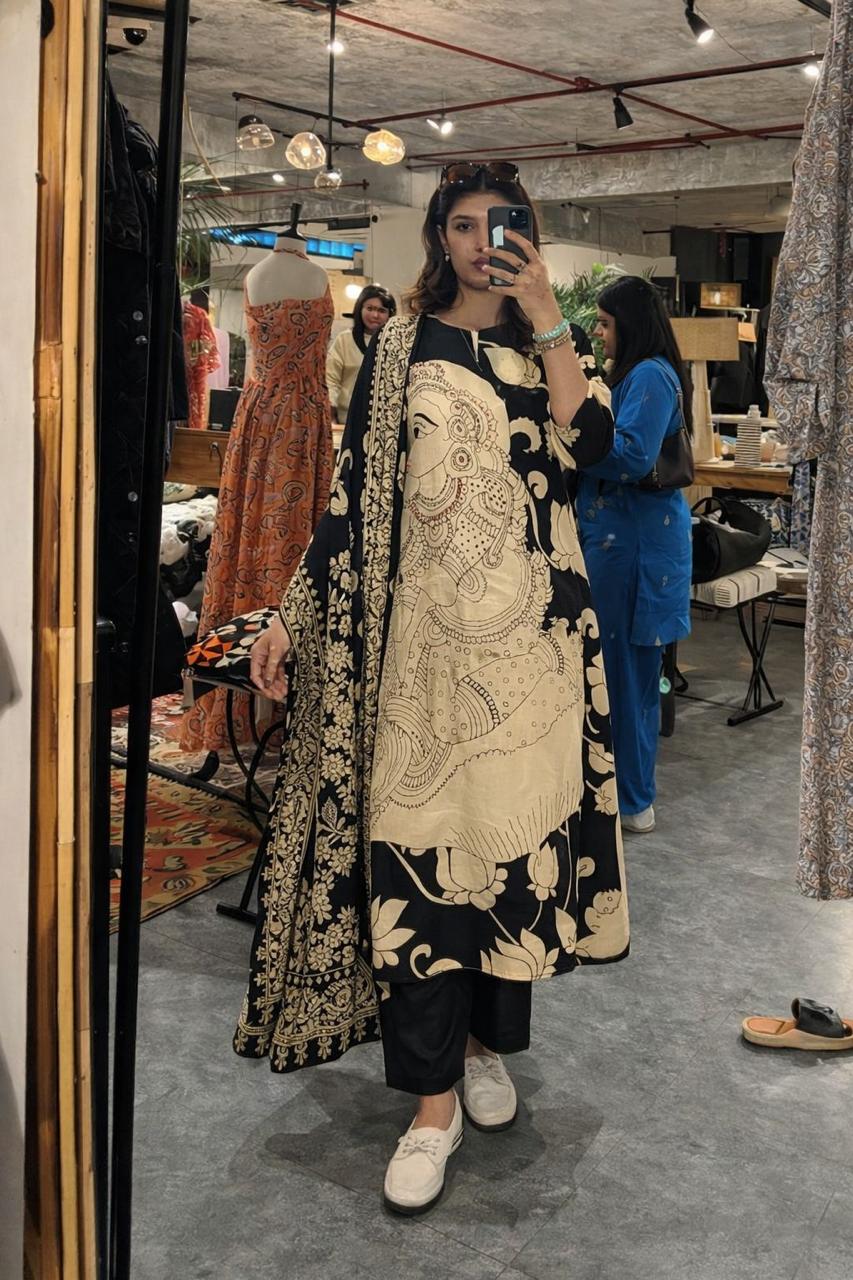 Premium pure cotton Kalamkari full suit in black