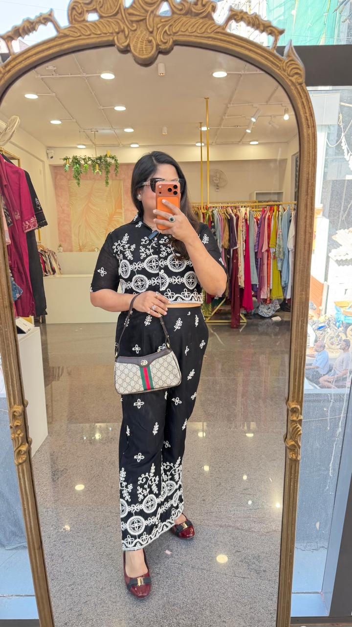 Stylish crop top fully embroidered front n back co ord in black