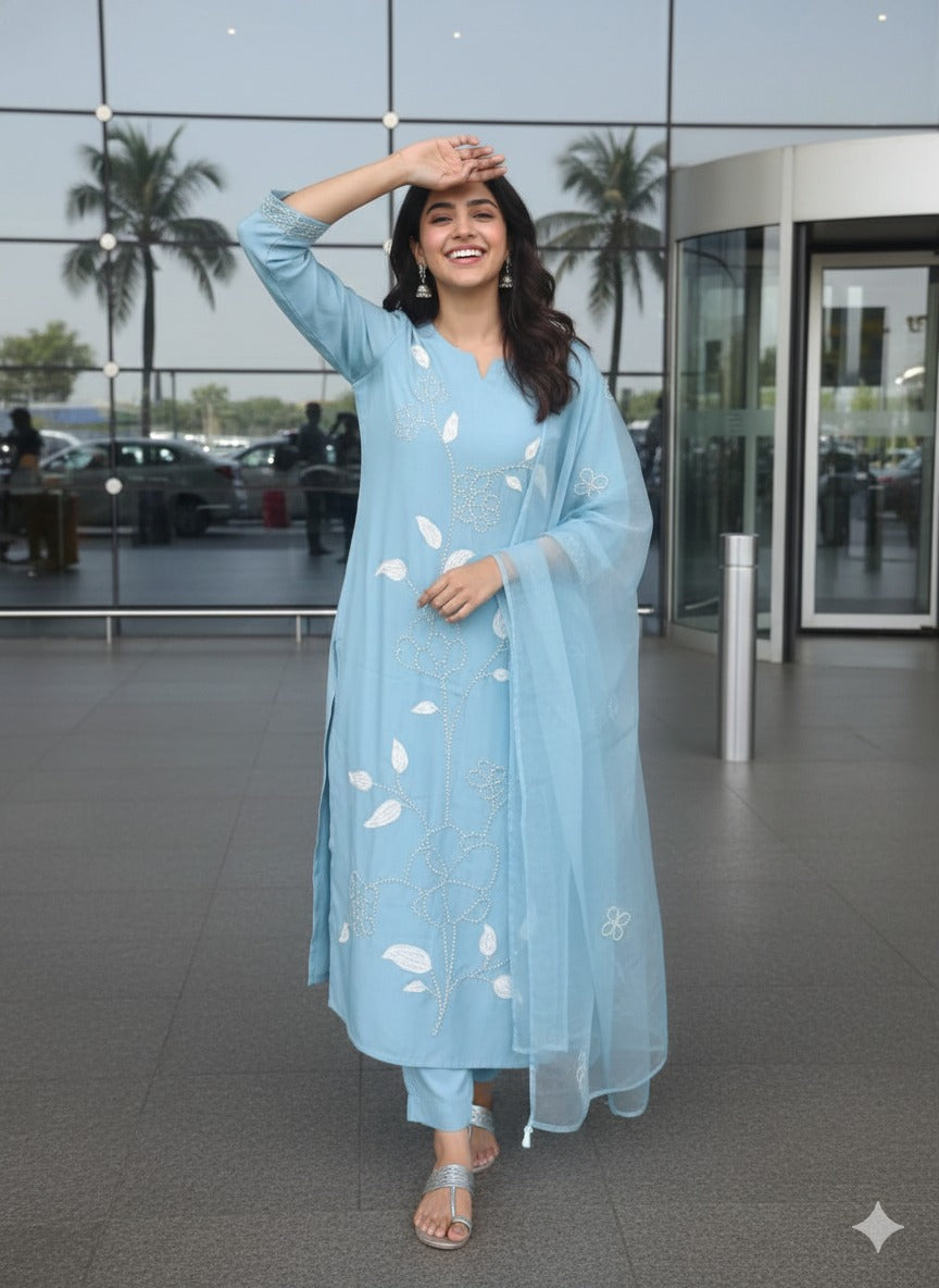 Pretty Modale fully embroidered suit set in blue