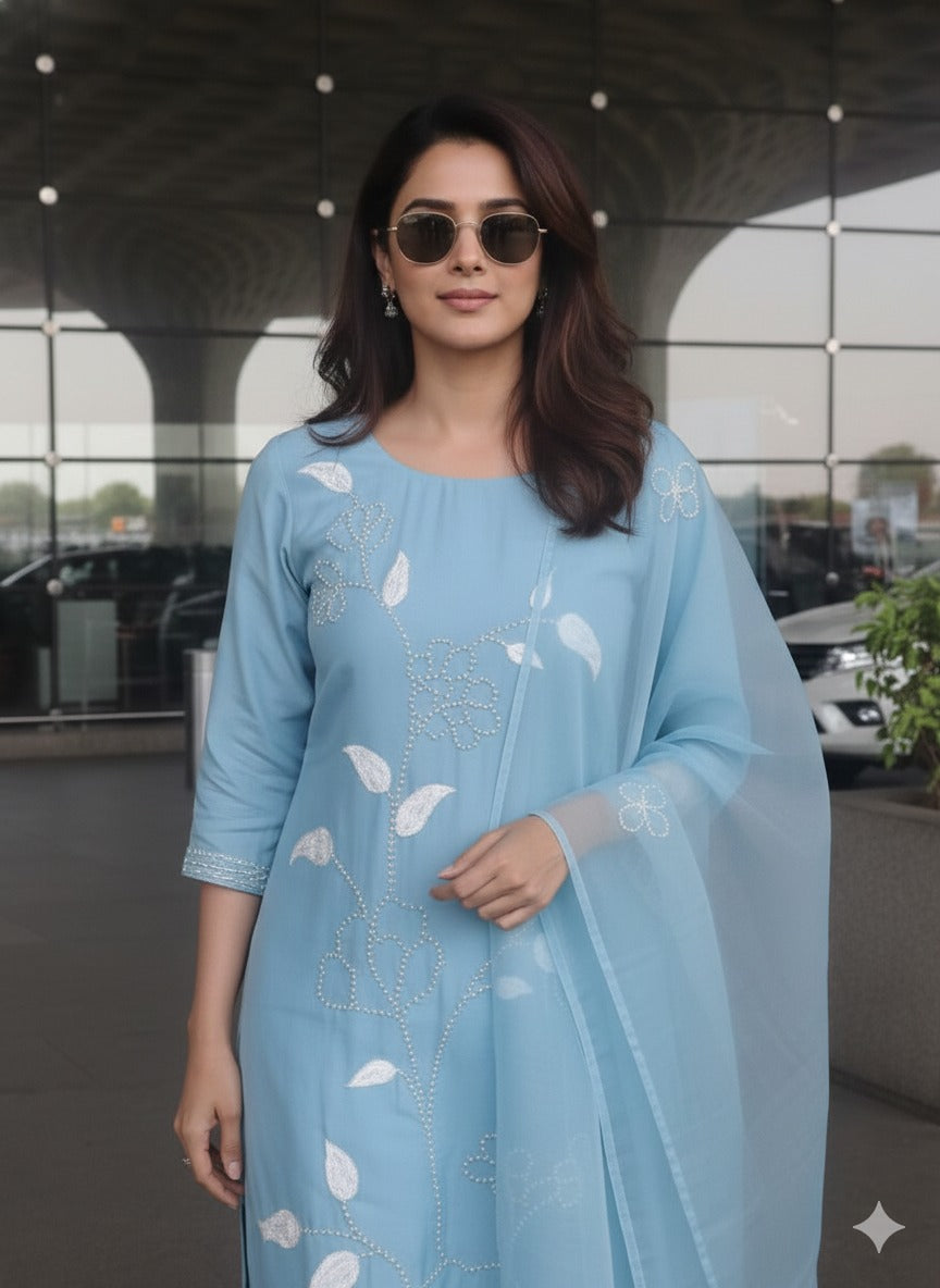 Pretty Modale fully embroidered suit set in blue