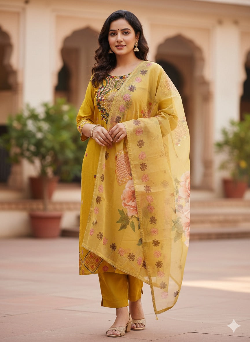 Pretty Muslin embroidered full suit set in yellow