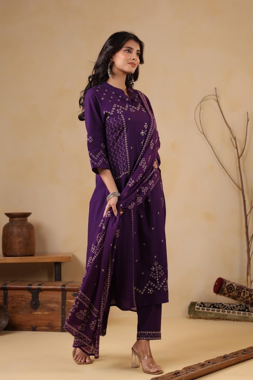 Smart purple bandhani full suit set