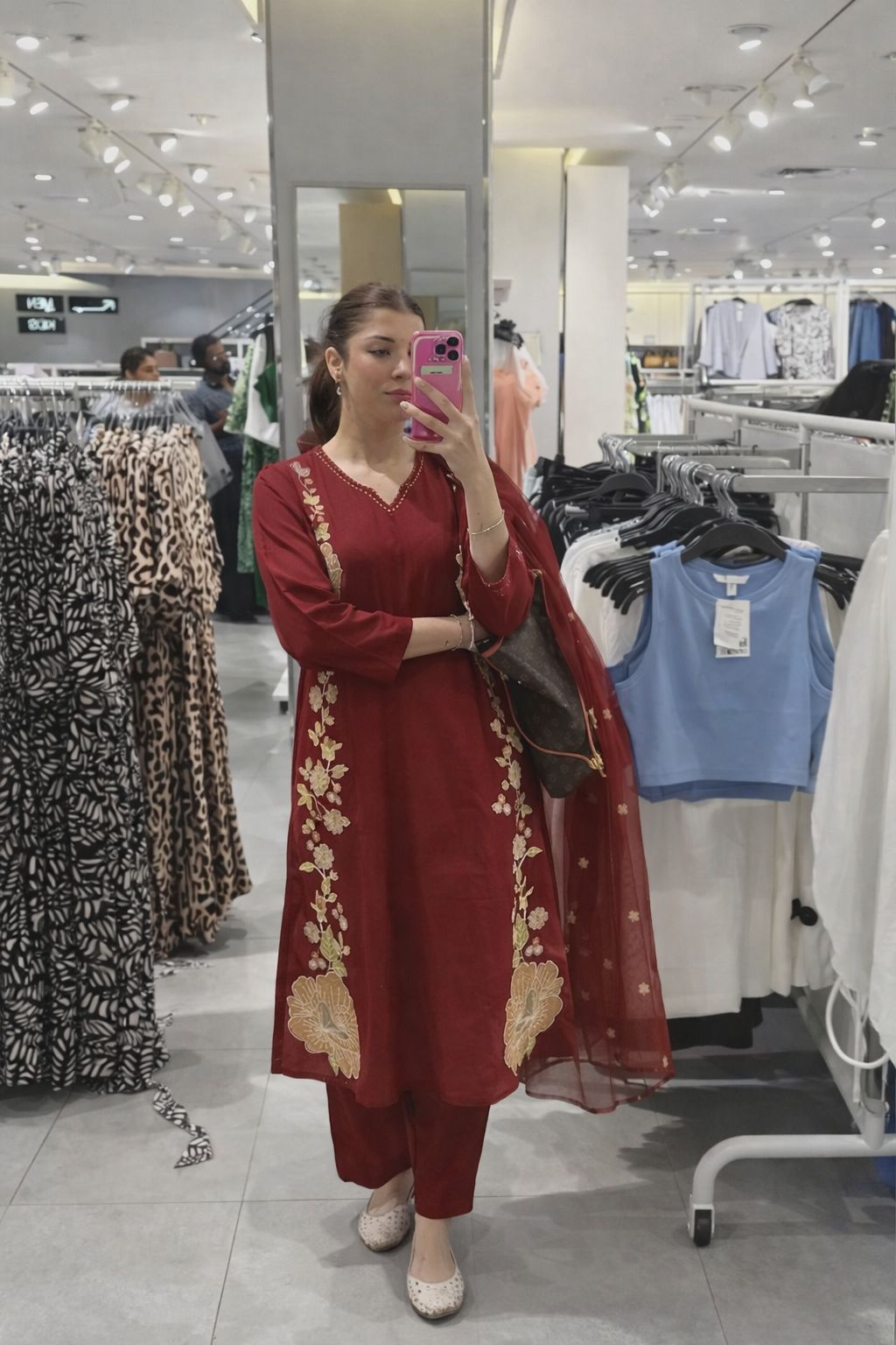 Pure cotton fully embroidered red suit set