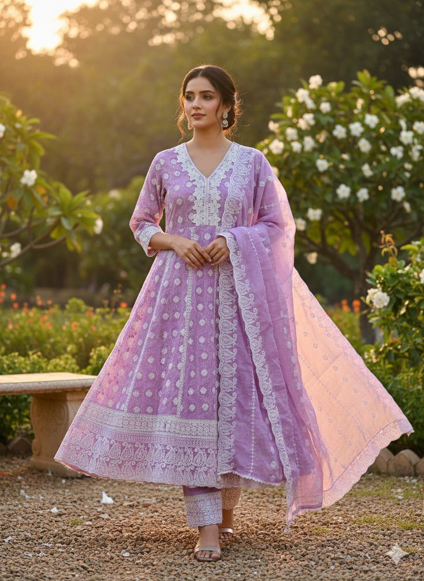 Wow cotton Mul cotton Anarkali lining full suit set in pinkish purple