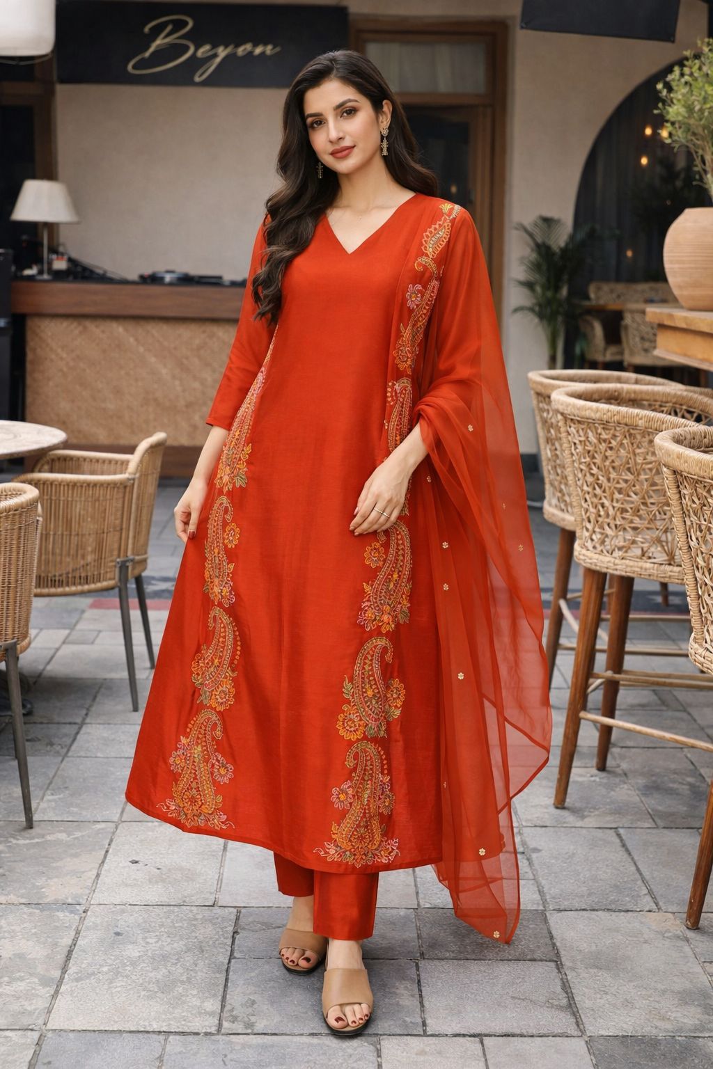 Bestselling in new colour! Super pretty embroidered soft Modale suit set in orange