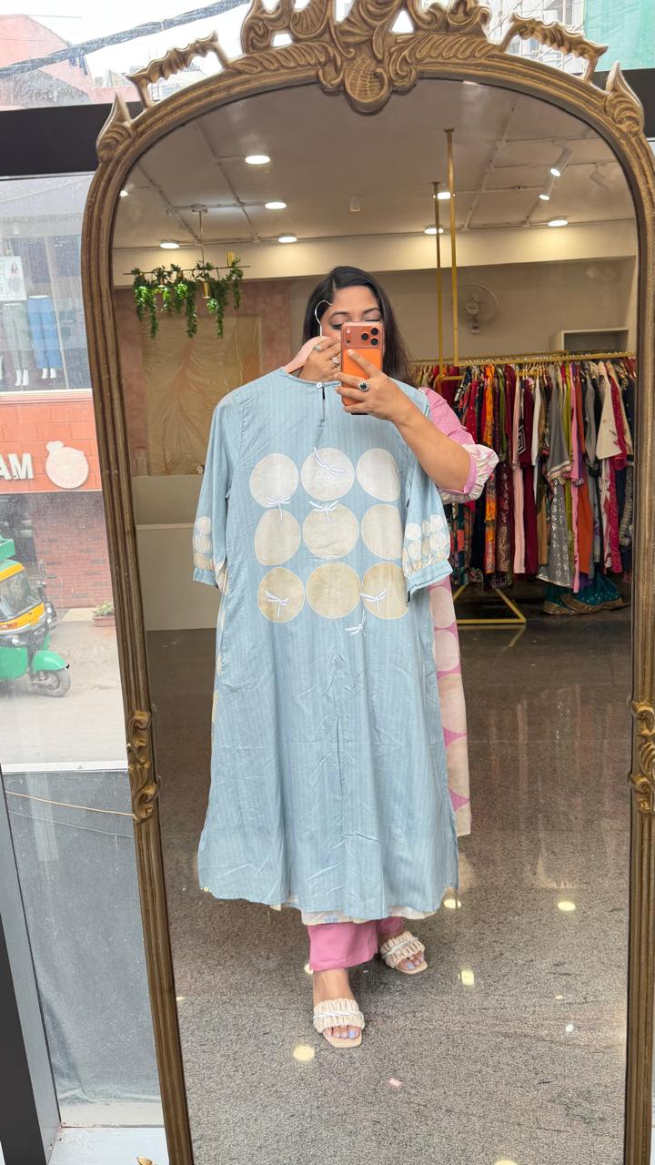 Pure cotton designer kurta pant with pockets and designer sleeves in blue