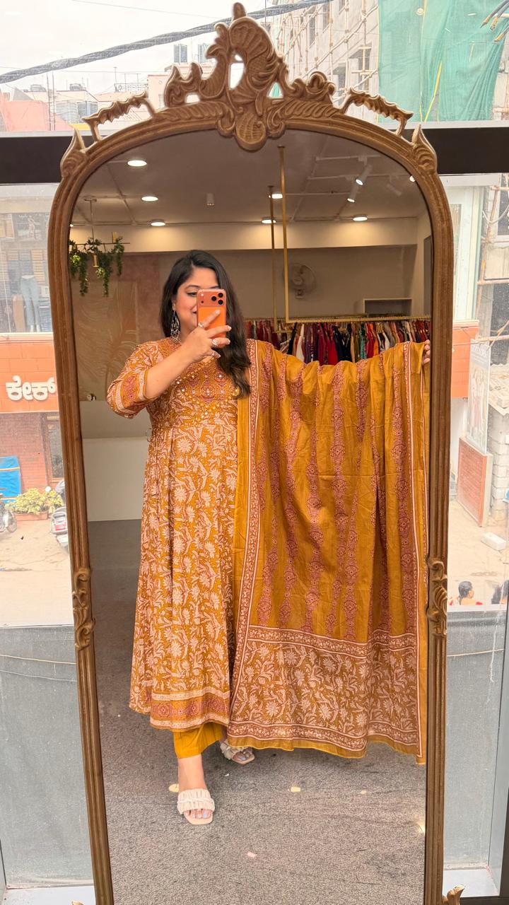 Pure cotton angrakha pattern Anarkali suit set in yellow