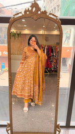 Pure cotton angrakha pattern Anarkali suit set in yellow