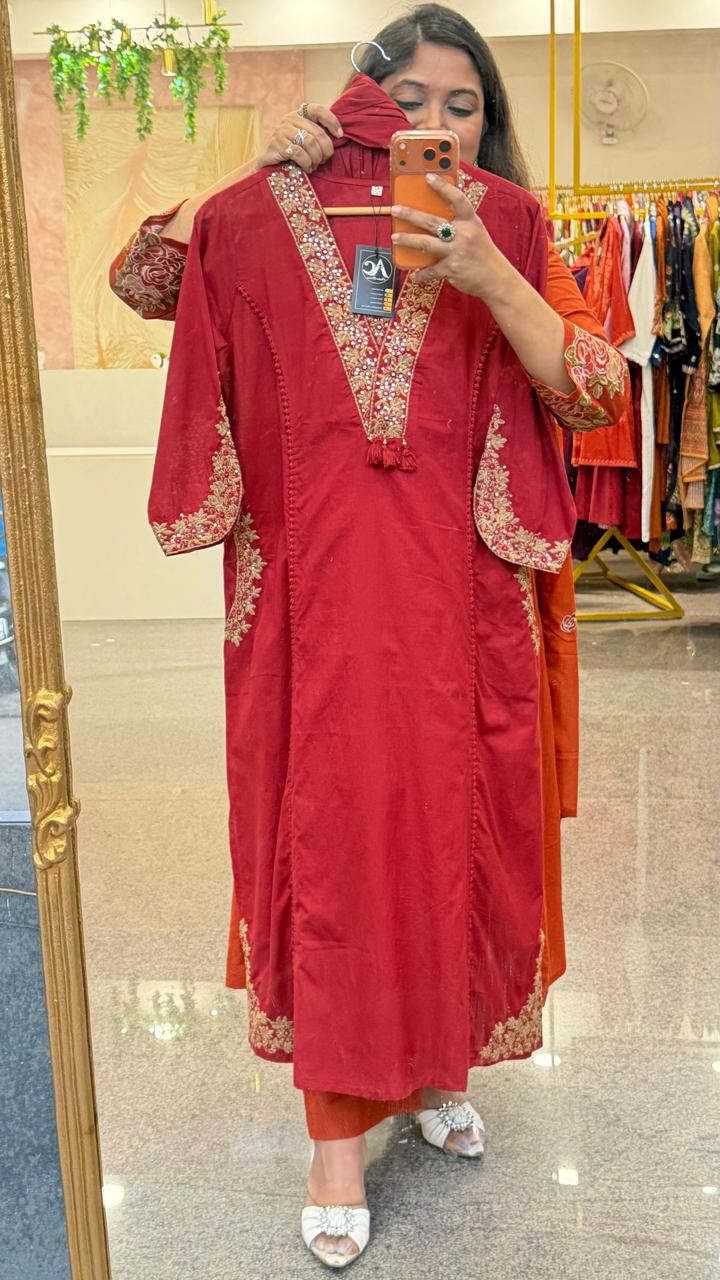 Premium cotton zari embroidered full suit set in red with designer sleeves