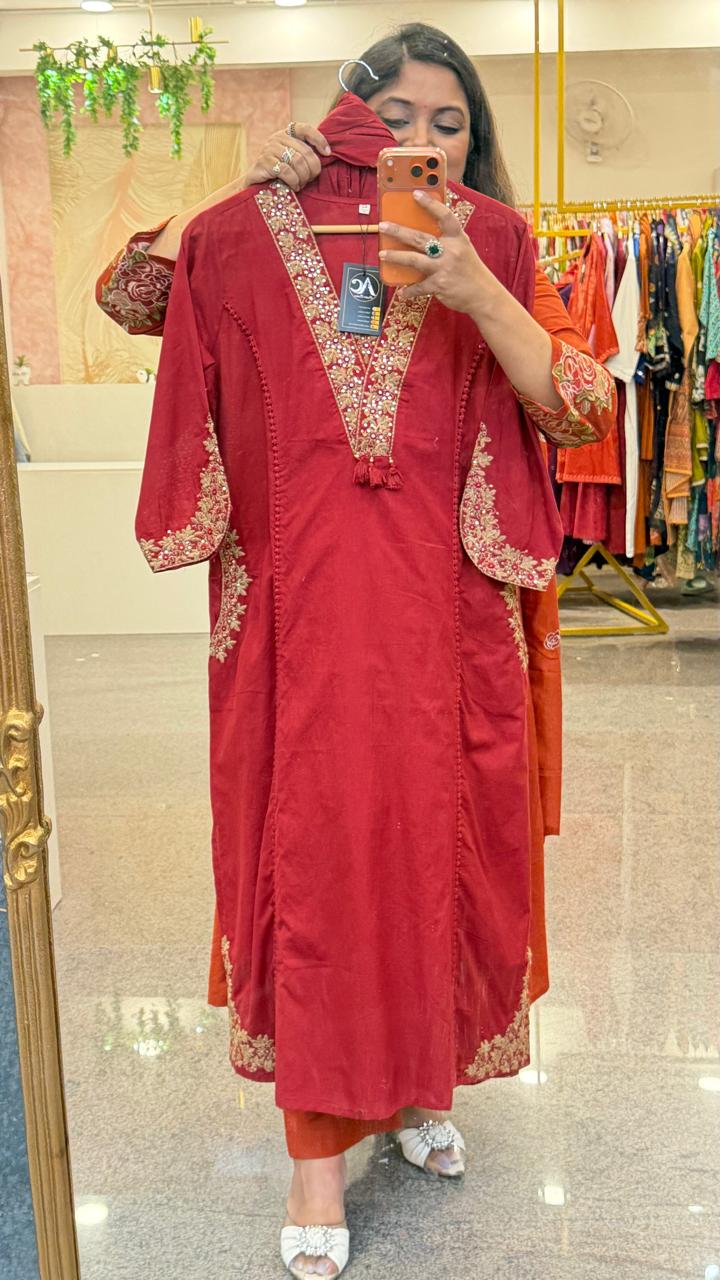 Premium cotton zari embroidered full suit set in red with designer sleeves