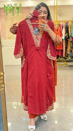 Premium cotton zari embroidered full suit set in red with designer sleeves
