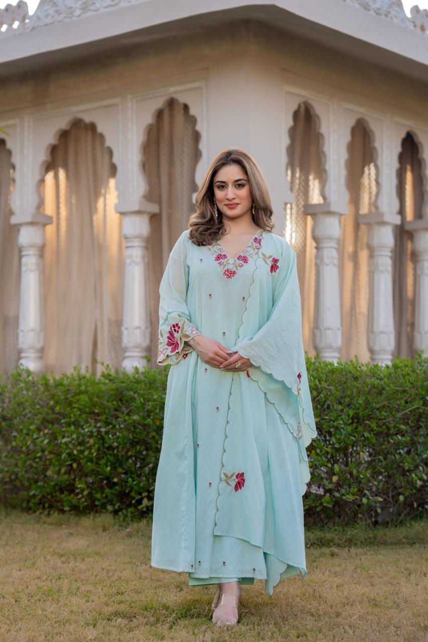 Premium Dobby cotton in embroidered suit set in blue