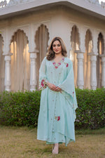 Premium Dobby cotton in embroidered suit set in blue