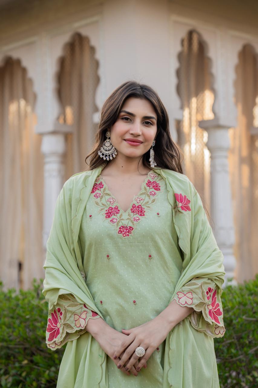 Premium Dobby cotton in embroidered suit set in green