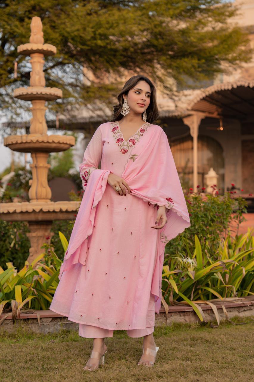 Premium Dobby cotton in embroidered suit set in pink