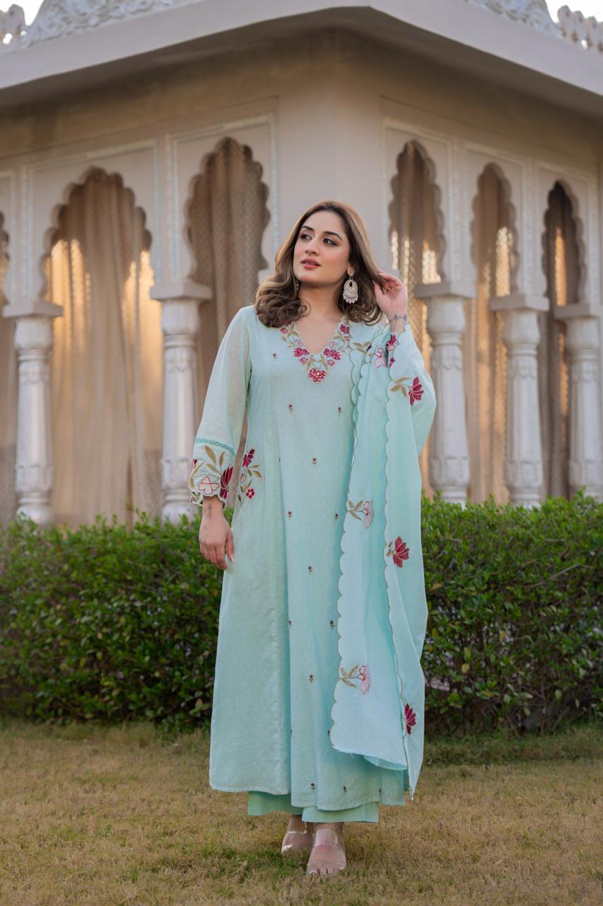 Premium Dobby cotton in embroidered suit set in blue