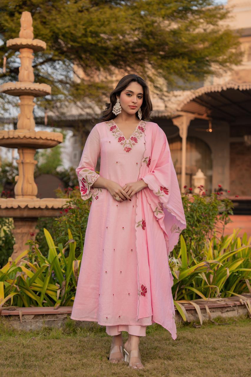 Premium Dobby cotton in embroidered suit set in pink