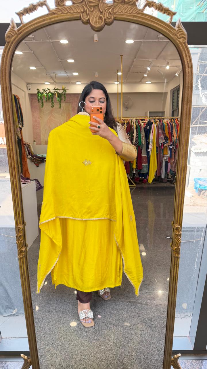 Premium dola silk handwork suit set in yellow n ivory