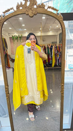 Premium dola silk handwork suit set in yellow n ivory