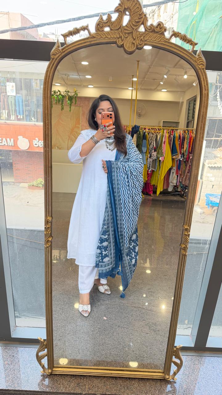 Premium cotton lining suit set paired with blue indigo dupatta