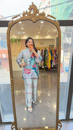 Pure crepe digital printed high low co ord set in grey