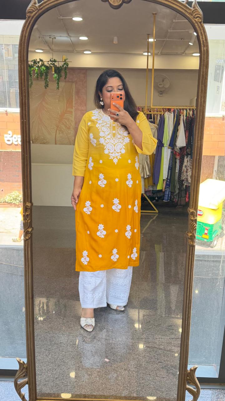 Super pretty ombré effect soft rayon chikankari kurta in yellow
